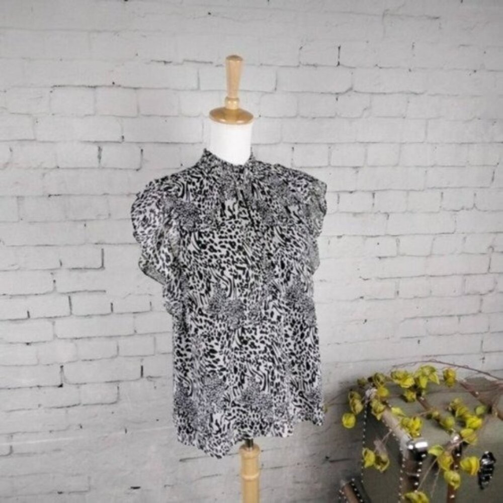 Elan Animal Print Smocked High Collar Flutter Sleeve Blouse Black Size Small
